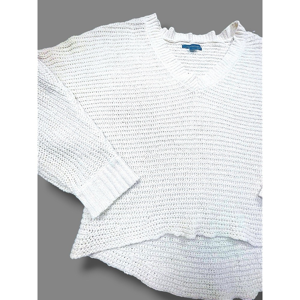 American Eagle Womens Medium Cream Knit Long Sleeve Top Textured High-Low Soft
